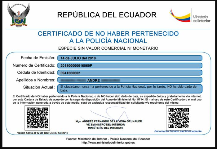 certificado de no pertenecer a la policía